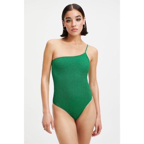Nwt Good American ‘90s Hot Shoulder Sparkle Metallic One Piece in Kelly Green - Picture 1 of 9